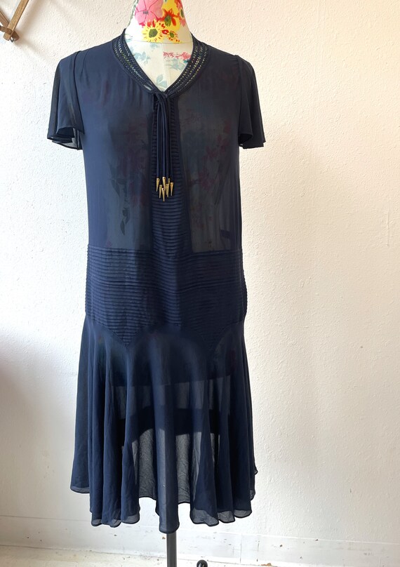 Sheer Navy Blue Rayon Crepe Drop  Waist Dress Vin… - image 9