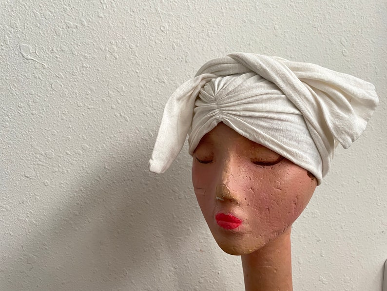 Ivory White Cotton Knit Hair Wrap Vintage 1940s Womens Head Cover XS Small zdjęcie 6