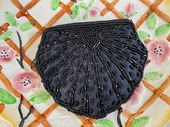 Jet Black Beaded Silky Coin Purse Vintage 1950s W… - image 9