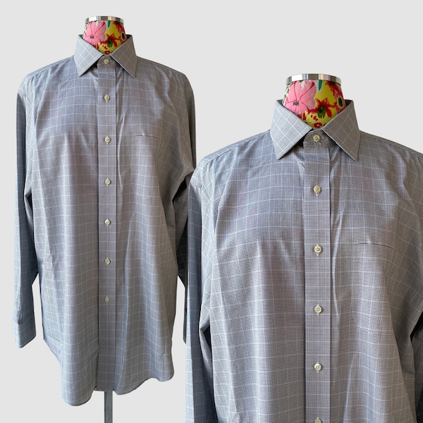 Brooks Bros Windowpane Plaid Cotton Dress Shirt Vintage Y2K Mens 16 4/5 Large