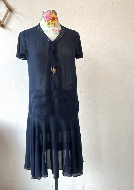 Sheer Navy Blue Rayon Crepe Drop  Waist Dress Vin… - image 4