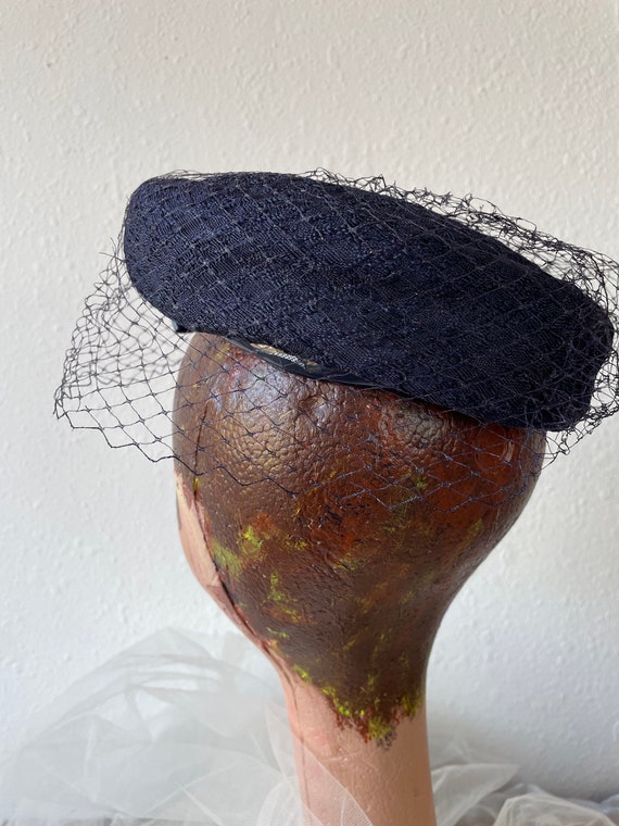 Navy Blue Brocade Pillbox Hat with French Netting… - image 6