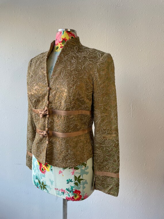 Beaded Lace = Satin Fitted Jacket with Bows Champ… - image 4