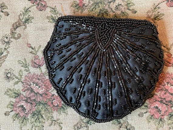 Jet Black Beaded Silky Coin Purse Vintage 1950s W… - image 1