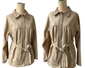 Khaki Tan Cotton Twill Safari Jacket with Drawstring Waist Vintage 1960s YeYe Style Womens Medium