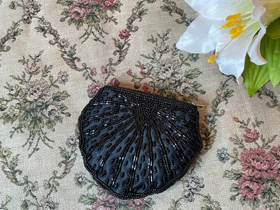 Jet Black Beaded Silky Coin Purse Vintage 1950s W… - image 2