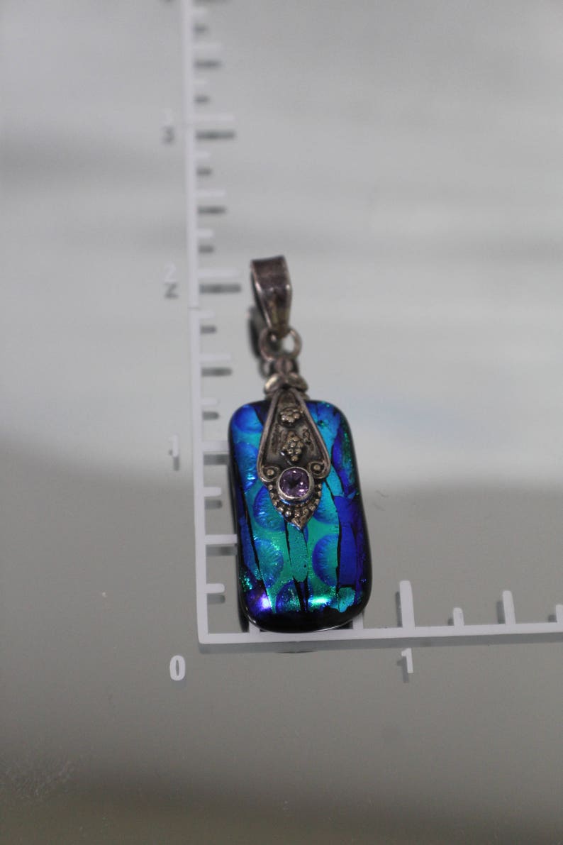 925 Vintage Rectangular Black Blue Multi Color Pendant with Amethyst in Sterling Silver Mount