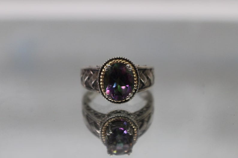 925 /& 14k Vintage Mystic Topaz Ring w Cross Hatched Weave Woven Shoulders in Sterling Silver and Yellow Gold
