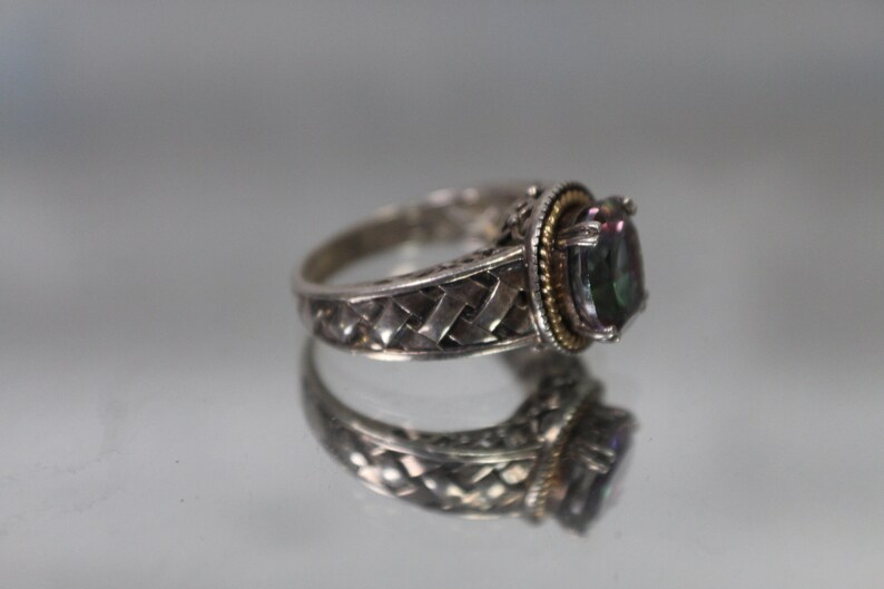 925 /& 14k Vintage Mystic Topaz Ring w Cross Hatched Weave Woven Shoulders in Sterling Silver and Yellow Gold