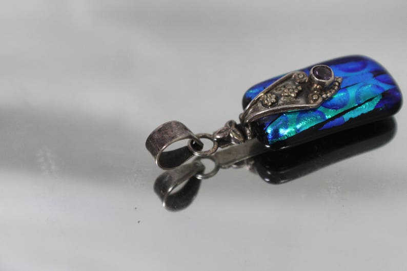 925 Vintage Rectangular Black Blue Multi Color Pendant with Amethyst in Sterling Silver Mount