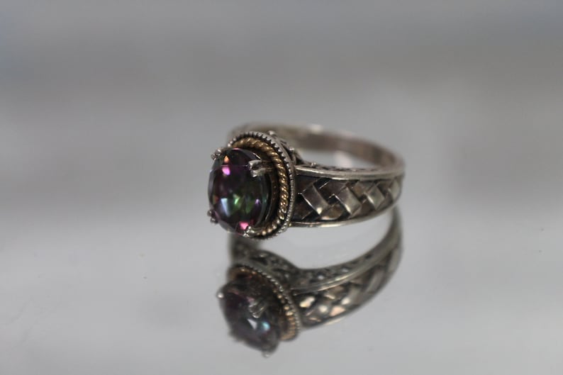 925 /& 14k Vintage Mystic Topaz Ring w Cross Hatched Weave Woven Shoulders in Sterling Silver and Yellow Gold