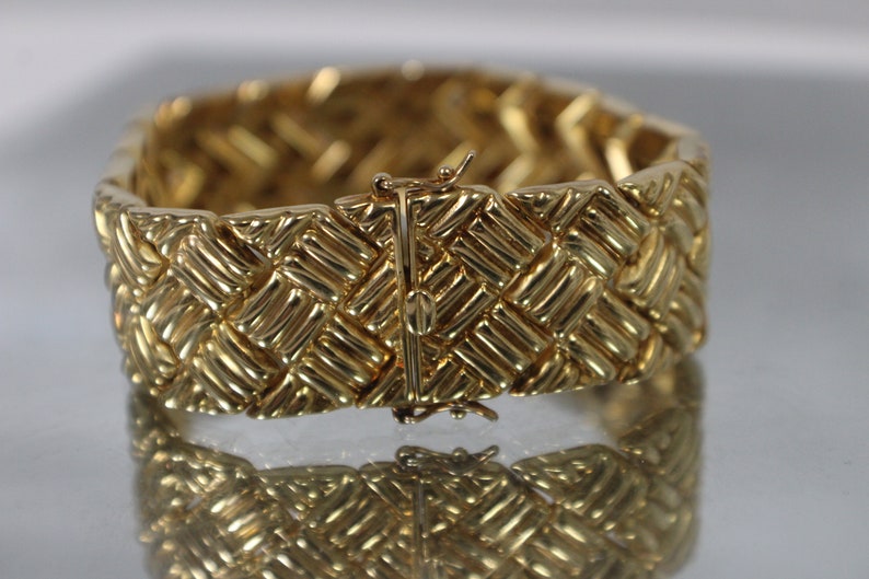 925 Vintage Woven Link Design Criss Cross Bracelet in Stunning Gold Tone Sterling Silver