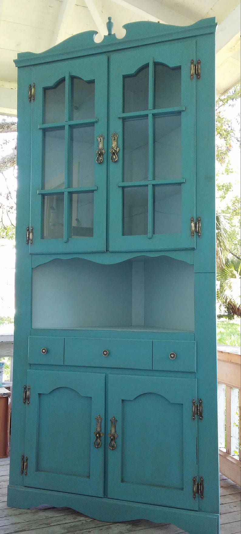 Sold Vintage Turquoise Blue Corner China Cabinet Image 0