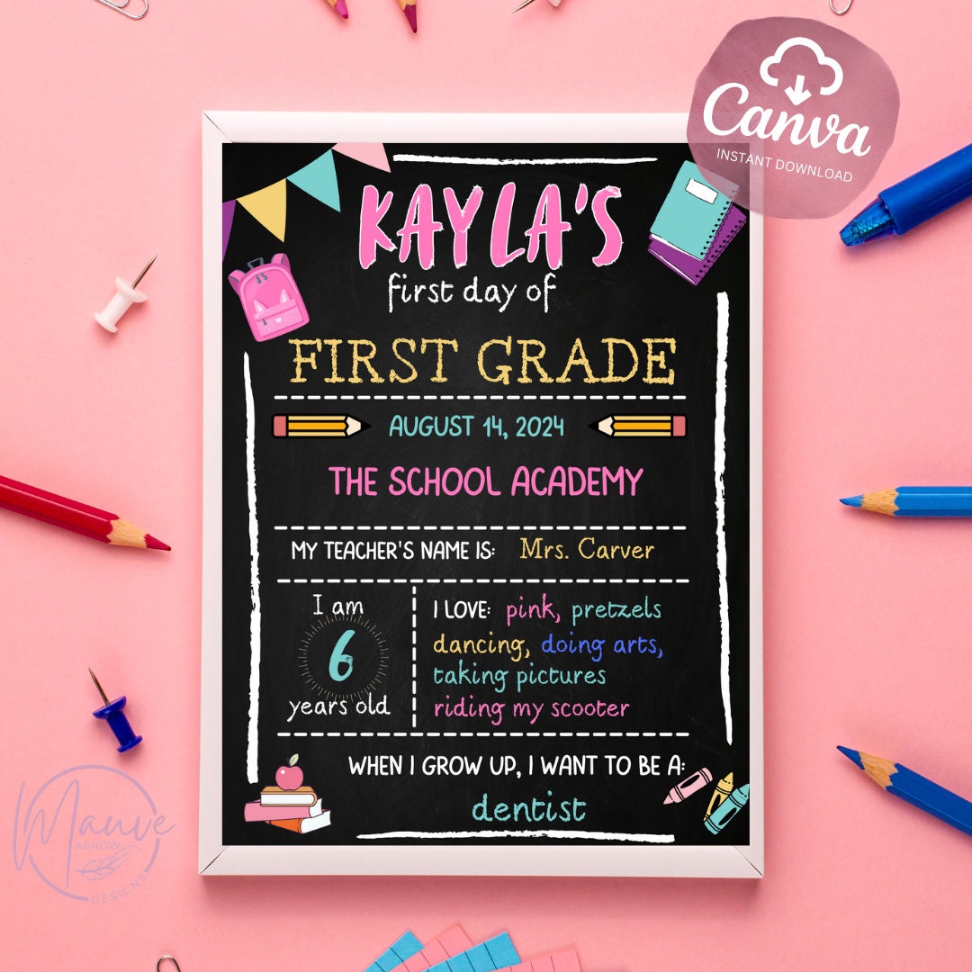 Girly Chalkboard Back to School Sign | First Day of School | Printable ...