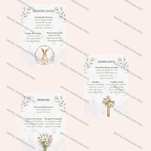 Puede incluir: Una descarga digital con recetas de mezclas para difusores con temática de Pascua. El diseño incluye acentos florales, una ilustración de conejito y texto en español. Recetas para mezclas como "Happy Bunnies" y "Spring Rain".