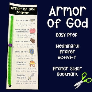 May include: A navy blue bookmark with the words "Armor of God Prayer" at the top. The bookmark lists the "Belt of Truth", "Breastplate of Righteousness", "Shoes of Peace", "Shield of Faith", "Helmet of Salvation", and "Sword of the Spirit".