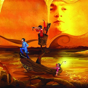 May include: A surreal painting depicting three figures in a boat on a sea of orange liquid. The figures are dressed in 18th-century clothing and are holding various objects, including a telescope and a lantern. The background features a large, orange, abstract shape that resembles a face.