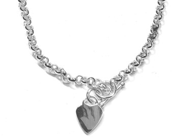 Link Necklace With Toggle Clasp and Heart Charm in Sterling Silver