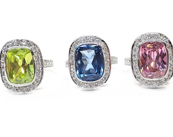 Gemstone Rings in Sterling Silver, Cubic Zirconia Halos 3 Colors To Choose