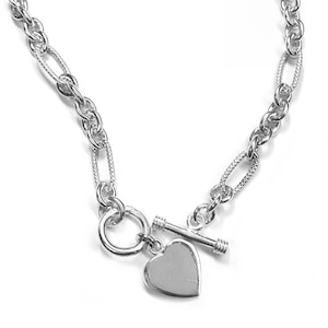 Sterling Silver Necklace, Oval/Round Pattern With Heart Charm & Toggle Clasp