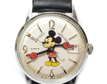 Mickey Mouse Helbros Vintage Watch, Leather Band, Great Condition
