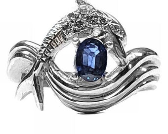 Diamond Dolphin Engagement Ring, "Independence Day" style in Silver, Sapphire Center