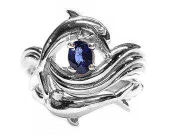 Dolphin Wedding Set, Sapphire Center, in Sterling Silver