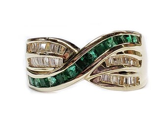 Large Diamond and Emerald Channel Set Ring in 14kt Yellow Gold