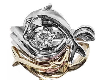 Diamond Dolphin Wedding Set, "Independence Day" style setting, 14kt  1/4ct.  Center