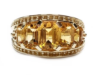 Citrine Gemstone Ring, 5 Tapered Emerald Cuts, in 10kt. Yellow Gold