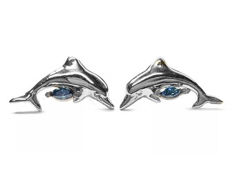 Dolphin Earrings w/ Blue Marquise Diamond in 14kt. Gold
