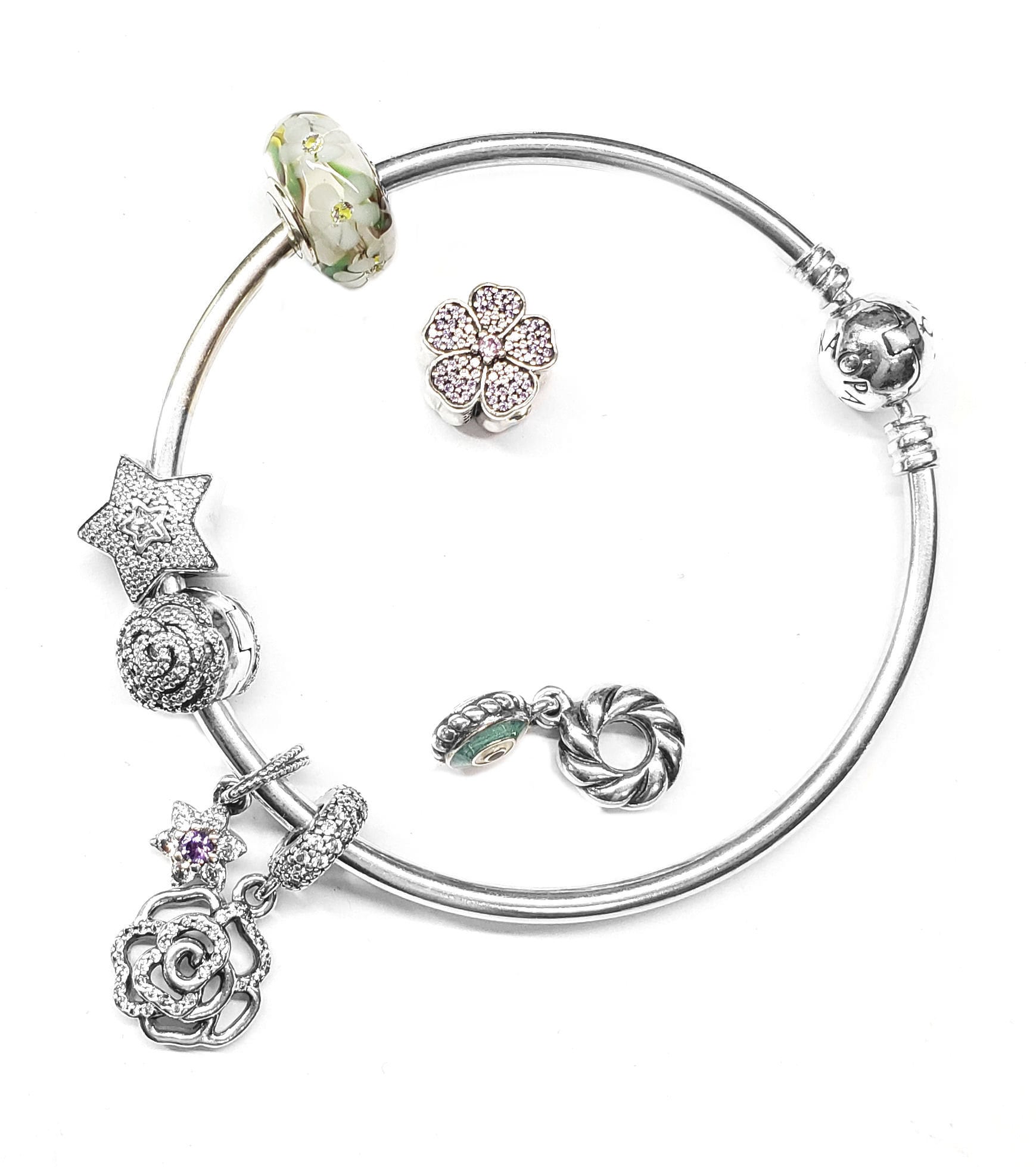 Pandora Bangle Bracelet with 7 Charms in Sterling Silver Etsy