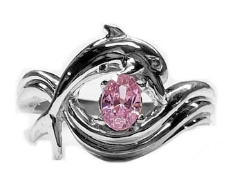 Dolphin Ring, "Independence Day" style in Sterling Silver, Pink Cubic Center