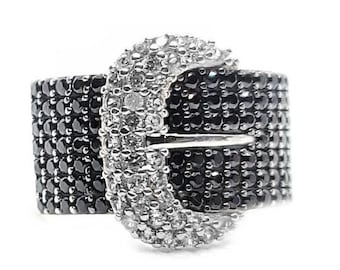 Belt Buckle Ring with Black/White Stones in Sterling Silver