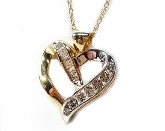 Heart Pendant with Baguettes/Round Diamonds Set in 10kt Gold