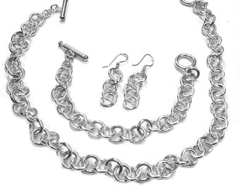 Tiffany Style Link Chain Necklace, Bracelet,Earring Set in Sterling, w/Toggle