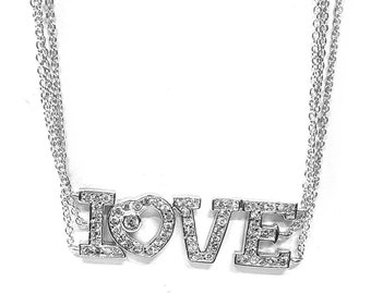 Sterling "LOVE" Necklace w/Cubic Zirconia's on Triple Strand Chain