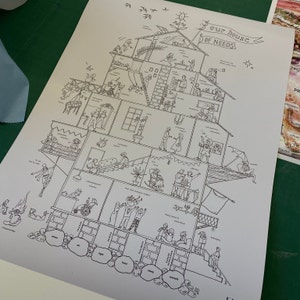 Unser Haus der Bedürfnisse - Ausmalposter | Lehrreiches Plakat | Maslowsche Bedürfnispyramide | Klassenzimmer-Aufsteller | Familienspiel | A2 Plakat
