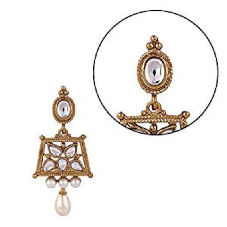 Set of 2 Kum traditional Indian wedding golden plated kundan jewellery set Necklace Gold Tone Kundan Inspired Pearl Necklace with Earrings