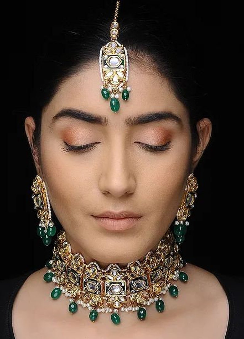 traditional Indian wedding golden plated kundan jewellery set Necklace Gold Tone Kundan Inspired Pearl Necklace with Earrings Set of 3