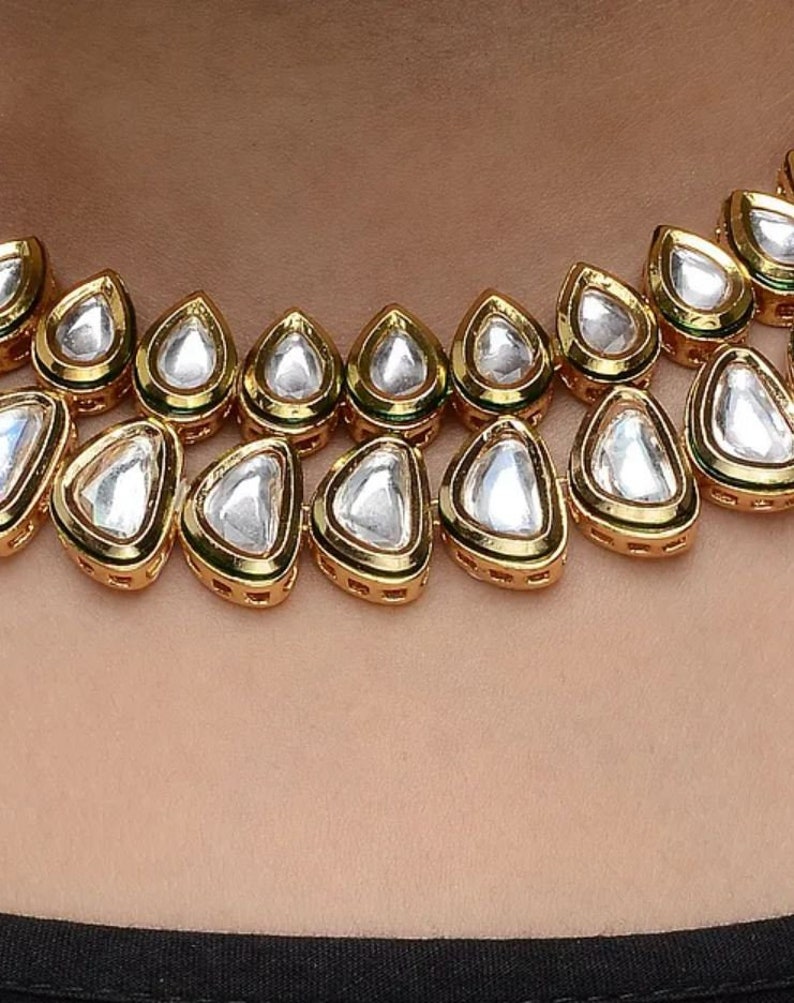 Kundan Choker Necklace Set traditional Indian wedding golden plated kundan jewellery set Gold Tone Kundan Necklace with Earrings Set of 2