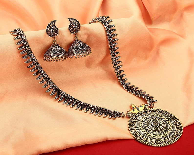 k Long golden antique Full necklace set with Earrings traditional Indian wedding plated jewellery set Necklace Set of 2