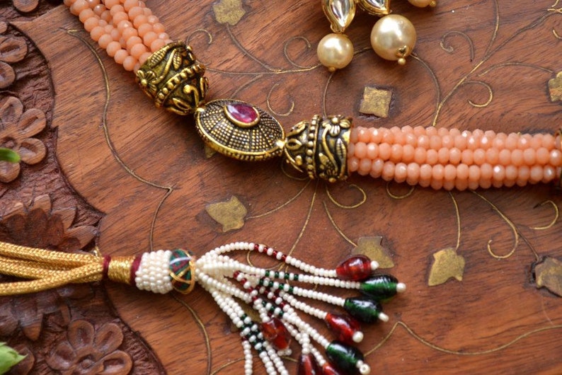 Set of 2 Traditional Indian Pink wedding golden kundan jewellery set choker Necklace Gold Kundan Pearl Necklace with Earrings saree her