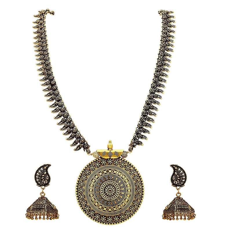 k Long golden antique Full necklace set with Earrings traditional Indian wedding plated jewellery set Necklace Set of 2