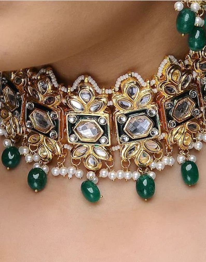 traditional Indian wedding golden plated kundan jewellery set Necklace Gold Tone Kundan Inspired Pearl Necklace with Earrings Set of 3