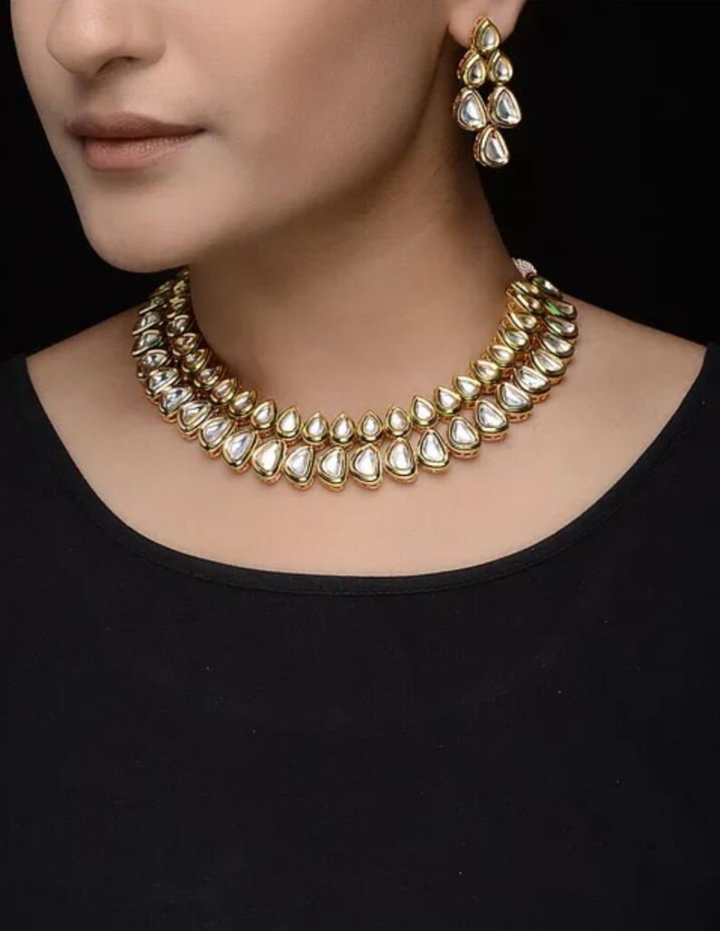 Kundan Choker Necklace Set traditional Indian wedding golden plated kundan jewellery set Gold Tone Kundan Necklace with Earrings Set of 2