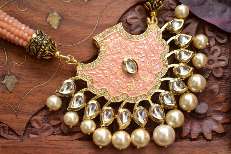 Set of 2 Traditional Indian Pink wedding golden kundan jewellery set choker Necklace Gold Kundan Pearl Necklace with Earrings saree her