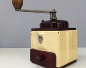 Fully Functioning Vintage Peugeot French Coffee Bean Grinder Mill Wooden, Cream Enamel, Brown