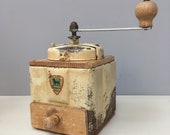 Vintage Peugeot French Coffee Bean Grinder Mill Wooden, Cream Enamel, Brown shabby