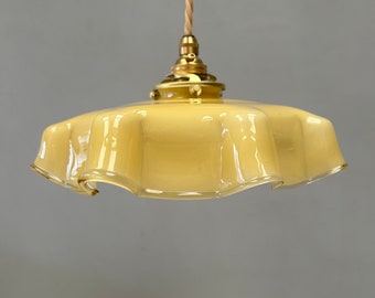 Vintage French Frilly Glass Lampshade - pale mustard light ochre yellow & White Glass with Draped Edge